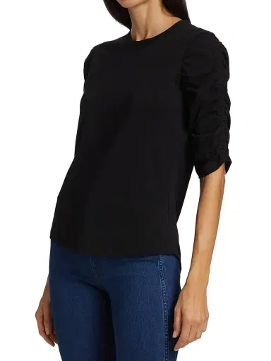 Veronica Beard Women's Waldorf Ruched-Sleeve T-Shirt - Black | Thumbnail 4 Veronica Beard Women's Waldorf Ruched-Sleeve T-Shirt - Black | Thumbnail 4