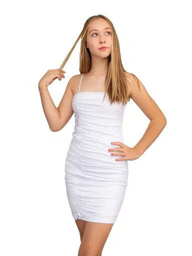 Un Deux Trois Girl's Ruched Dress - White | Thumbnail 3 Un Deux Trois Girl's Ruched Dress - White | Thumbnail 3