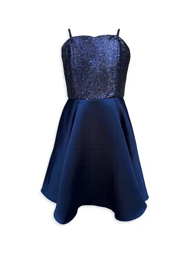 Un Deux Trois Girl's Sequin & Satin Dress - Navy | Thumbnail 1 Un Deux Trois Girl's Sequin & Satin Dress - Navy | Thumbnail 1