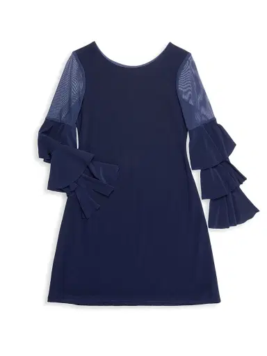 Un Deux Trois Girl's Ruffle Sleeve Shift Dress - Navy | Thumbnail 1 Un Deux Trois Girl's Ruffle Sleeve Shift Dress - Navy | Thumbnail 1