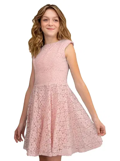 Un Deux Trois Girl's Lace Cap Sleeve Dress - Pink | Thumbnail 3 Un Deux Trois Girl's Lace Cap Sleeve Dress - Pink | Thumbnail 3