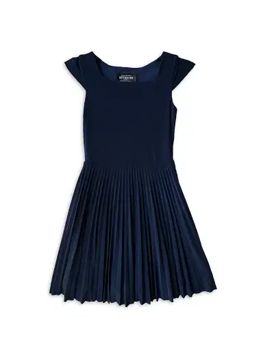 Un Deux Trois Girl's Cap Sleeve Pleated Dress - Navy | Thumbnail 1 Un Deux Trois Girl's Cap Sleeve Pleated Dress - Navy | Thumbnail 1
