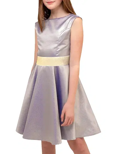 Un Deux Trois Girl's Cap-Sleeve Jacquard Flared Dress - Blue Gold | Thumbnail 2 Un Deux Trois Girl's Cap-Sleeve Jacquard Flared Dress - Blue Gold | Thumbnail 2
