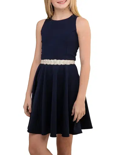 Un Deux Trois Girl's Racerback Stretch A-Line Dress - Navy | Thumbnail 2 Un Deux Trois Girl's Racerback Stretch A-Line Dress - Navy | Thumbnail 2
