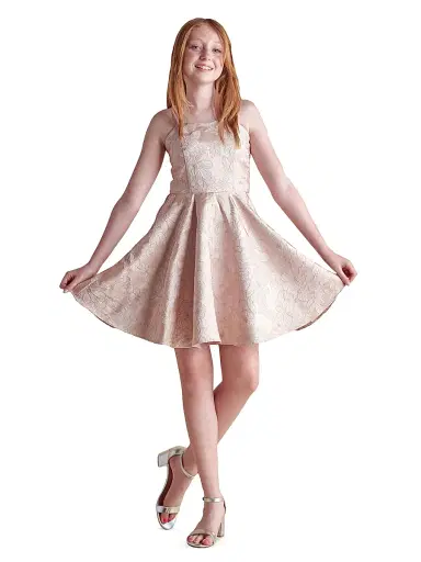 Un Deux Trois Girl's Brocade Satin Dress - Pink | Thumbnail 2 Un Deux Trois Girl's Brocade Satin Dress - Pink | Thumbnail 2