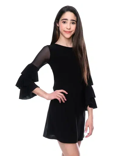 Un Deux Trois Girl's Ruffle Sleeve Shift Dress - Black | Thumbnail 3 Un Deux Trois Girl's Ruffle Sleeve Shift Dress - Black | Thumbnail 3