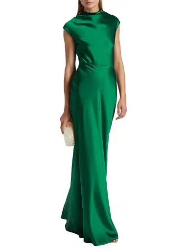 Amsale Women's Satin High Cowlneck A-Line Gown - Emerald | Thumbnail 2 Amsale Women's Satin High Cowlneck A-Line Gown - Emerald | Thumbnail 2