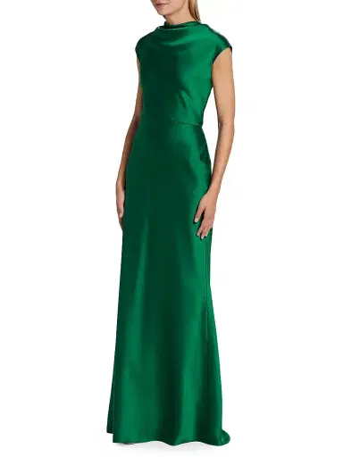 Amsale Women's Satin High Cowlneck A-Line Gown - Emerald | Thumbnail 3 Amsale Women's Satin High Cowlneck A-Line Gown - Emerald | Thumbnail 3