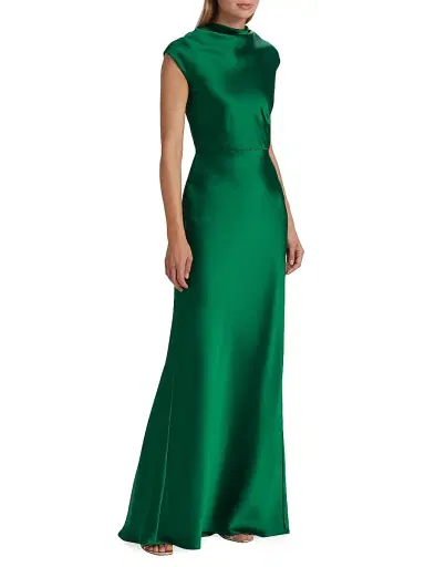 Amsale Women's Satin High Cowlneck A-Line Gown - Emerald | Thumbnail 4 Amsale Women's Satin High Cowlneck A-Line Gown - Emerald | Thumbnail 4