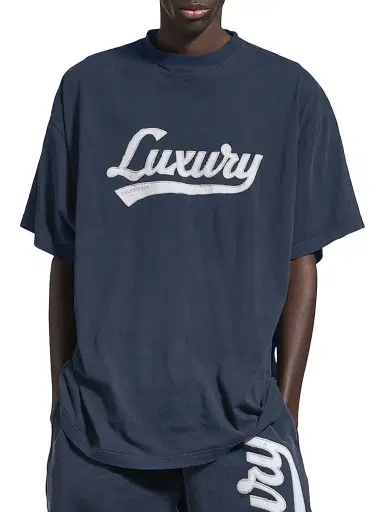 Balenciaga Men's Luxury Script Oversized T-Shirt - Washed Navy White | Thumbnail 2 Balenciaga Men's Luxury Script Oversized T-Shirt - Washed Navy White | Thumbnail 2
