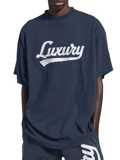 Balenciaga Men's Luxury Script Oversized T-Shirt - Washed Navy White | Thumbnail 5 Balenciaga Men's Luxury Script Oversized T-Shirt - Washed Navy White | Thumbnail 5