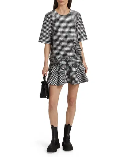 Ganni Women's Gingham Taffeta Minidress - Black | Thumbnail 2 Ganni Women's Gingham Taffeta Minidress - Black | Thumbnail 2