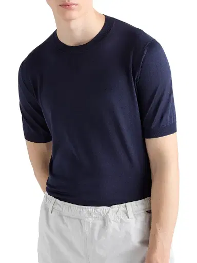 Prada Men's Short-Sleeved Silk Sweater - Blue - Size 44 | Thumbnail 4 Prada Men's Short-Sleeved Silk Sweater - Blue - Size 44 | Thumbnail 4