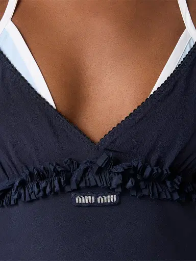 Miu Miu Women's Embroidered Marocain Crepe Dress - Blue | Thumbnail 6 Miu Miu Women's Embroidered Marocain Crepe Dress - Blue | Thumbnail 6