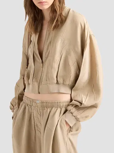 Prada Women's Cropped Old Silk Bomber Jacket - Beige | Thumbnail 3 Prada Women's Cropped Old Silk Bomber Jacket - Beige | Thumbnail 3