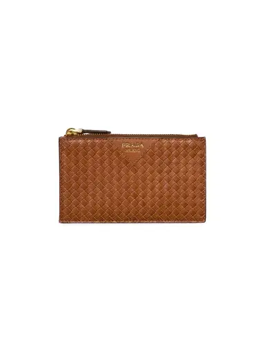 Prada Women's Woven Madras Leather Card Holder - Brown | Thumbnail 1 Prada Women's Woven Madras Leather Card Holder - Brown | Thumbnail 1