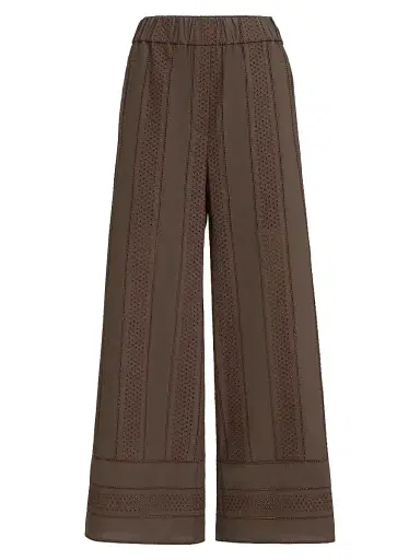 Brunello Cucinelli Women's Techno Cotton Poplin Broderie Anglaise Track Trousers - Chocolate - Size 12 | Thumbnail 1 Brunello Cucinelli Women's Techno Cotton Poplin Broderie Anglaise Track Trousers - Chocolate - Size 12 | Thumbnail 1