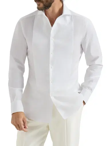 Brunello Cucinelli Men's Cotton Twill Slim Fit Shirt with Point Collar and Pleated Bib - White | Thumbnail 2 Brunello Cucinelli Men's Cotton Twill Slim Fit Shirt with Point Collar and Pleated Bib - White | Thumbnail 2