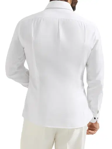 Brunello Cucinelli Men's Cotton Twill Slim Fit Shirt with Point Collar and Pleated Bib - White | Thumbnail 3 Brunello Cucinelli Men's Cotton Twill Slim Fit Shirt with Point Collar and Pleated Bib - White | Thumbnail 3