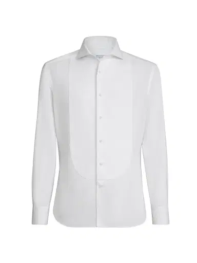 Brunello Cucinelli Men's Cotton Twill Slim Fit Shirt with Point Collar and Pleated Bib - White | Thumbnail 1 Brunello Cucinelli Men's Cotton Twill Slim Fit Shirt with Point Collar and Pleated Bib - White | Thumbnail 1
