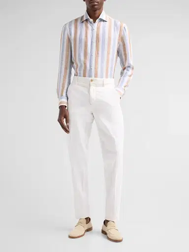 Isaia Men's Striped Linen Button-Front Shirt - White Brown - Size 17.5 | Thumbnail 2 Isaia Men's Striped Linen Button-Front Shirt - White Brown - Size 17.5 | Thumbnail 2