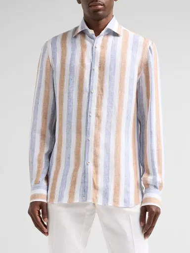 Isaia Men's Striped Linen Button-Front Shirt - White Brown - Size 17.5 | Thumbnail 4 Isaia Men's Striped Linen Button-Front Shirt - White Brown - Size 17.5 | Thumbnail 4