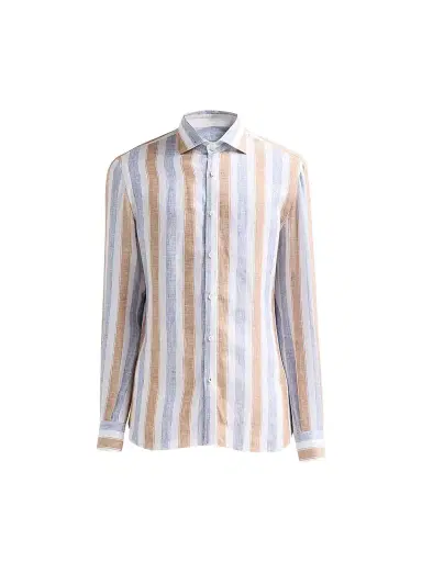 Isaia Men's Striped Linen Button-Front Shirt - White Brown - Size 17.5 | Thumbnail 1 Isaia Men's Striped Linen Button-Front Shirt - White Brown - Size 17.5 | Thumbnail 1