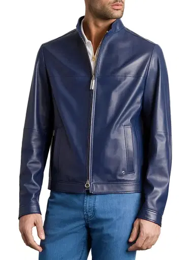 Stefano Ricci Men's Lambskin Leather Biker Jacket - Blue | Thumbnail 2 Stefano Ricci Men's Lambskin Leather Biker Jacket - Blue | Thumbnail 2