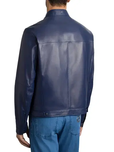 Stefano Ricci Men's Lambskin Leather Biker Jacket - Blue | Thumbnail 3 Stefano Ricci Men's Lambskin Leather Biker Jacket - Blue | Thumbnail 3