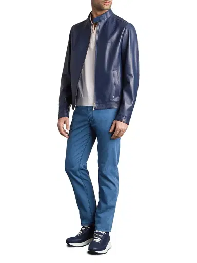 Stefano Ricci Men's Lambskin Leather Biker Jacket - Blue | Thumbnail 1 Stefano Ricci Men's Lambskin Leather Biker Jacket - Blue | Thumbnail 1