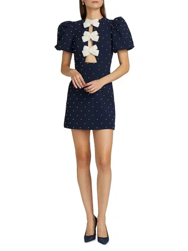 Rebecca Vallance Women's Veronica Pearl Bow Puff-Sleeve Minidress - Blue | Thumbnail 2 Rebecca Vallance Women's Veronica Pearl Bow Puff-Sleeve Minidress - Blue | Thumbnail 2