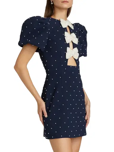 Rebecca Vallance Women's Veronica Pearl Bow Puff-Sleeve Minidress - Blue | Thumbnail 4 Rebecca Vallance Women's Veronica Pearl Bow Puff-Sleeve Minidress - Blue | Thumbnail 4