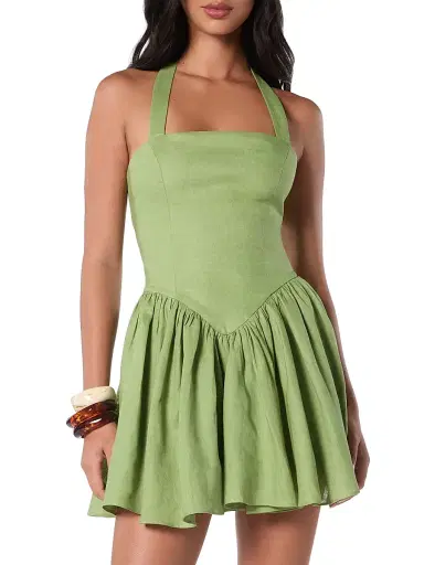 NICHOLAS Women's Amalie Halterneck Linen Drop-Waist Minidress - Cactus | Thumbnail 2 NICHOLAS Women's Amalie Halterneck Linen Drop-Waist Minidress - Cactus | Thumbnail 2