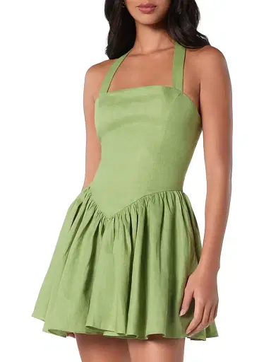 NICHOLAS Women's Amalie Halterneck Linen Drop-Waist Minidress - Cactus | Thumbnail 3 NICHOLAS Women's Amalie Halterneck Linen Drop-Waist Minidress - Cactus | Thumbnail 3