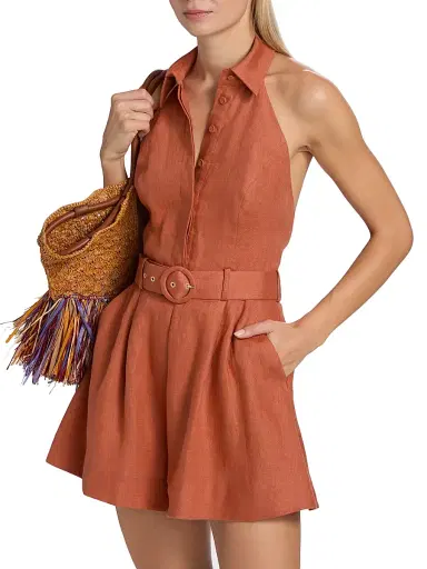 Zimmermann Women's Awaken Halterneck Linen Romper - Cinnamon | Thumbnail 3 Zimmermann Women's Awaken Halterneck Linen Romper - Cinnamon | Thumbnail 3