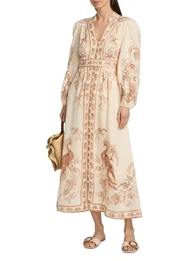 Zimmermann Women's Indra Plunge Linen Midi Dress - Cream Tan Floral - Size 10 | Thumbnail 2 Zimmermann Women's Indra Plunge Linen Midi Dress - Cream Tan Floral - Size 10 | Thumbnail 2
