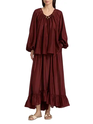 Zimmermann Women's Aster Bead-Detail Gathered Silk Blouse - Merlot | Thumbnail 2 Zimmermann Women's Aster Bead-Detail Gathered Silk Blouse - Merlot | Thumbnail 2