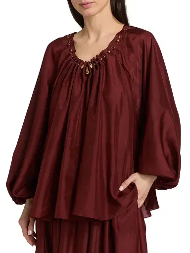 Zimmermann Women's Aster Bead-Detail Gathered Silk Blouse - Merlot | Thumbnail 3 Zimmermann Women's Aster Bead-Detail Gathered Silk Blouse - Merlot | Thumbnail 3