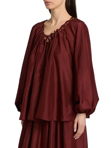 Zimmermann Women's Aster Bead-Detail Gathered Silk Blouse - Merlot | Thumbnail 4 Zimmermann Women's Aster Bead-Detail Gathered Silk Blouse - Merlot | Thumbnail 4