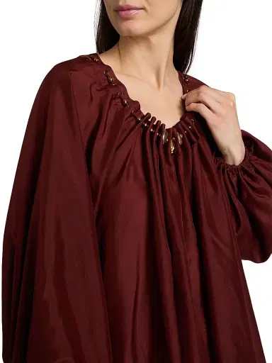 Zimmermann Women's Aster Bead-Detail Gathered Silk Blouse - Merlot | Thumbnail 6 Zimmermann Women's Aster Bead-Detail Gathered Silk Blouse - Merlot | Thumbnail 6