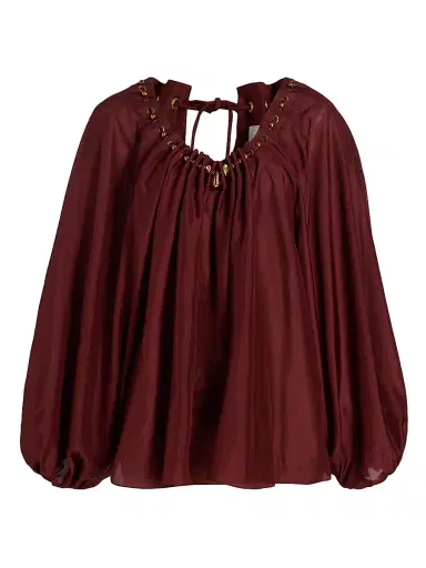 Zimmermann Women's Aster Bead-Detail Gathered Silk Blouse - Merlot | Thumbnail 1 Zimmermann Women's Aster Bead-Detail Gathered Silk Blouse - Merlot | Thumbnail 1