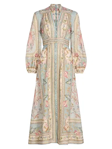 Zimmermann Women's Roselight Plunge Linen Midi-Dress - Blue Tapestry Floral - Size 10 | Thumbnail 1 Zimmermann Women's Roselight Plunge Linen Midi-Dress - Blue Tapestry Floral - Size 10 | Thumbnail 1