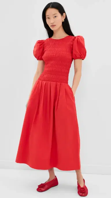 GANNI Smocked Cotton Pleated Dress Goji Berry | Thumbnail 2 GANNI Smocked Cotton Pleated Dress Goji Berry | Thumbnail 2