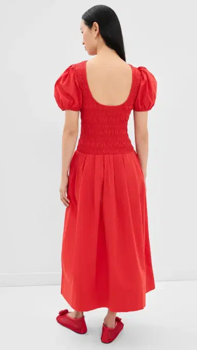 GANNI Smocked Cotton Pleated Dress Goji Berry | Thumbnail 3 GANNI Smocked Cotton Pleated Dress Goji Berry | Thumbnail 3