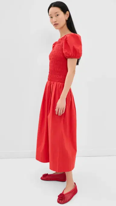 GANNI Smocked Cotton Pleated Dress Goji Berry | Thumbnail 4 GANNI Smocked Cotton Pleated Dress Goji Berry | Thumbnail 4