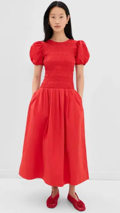GANNI Smocked Cotton Pleated Dress Goji Berry | Thumbnail 5 GANNI Smocked Cotton Pleated Dress Goji Berry | Thumbnail 5