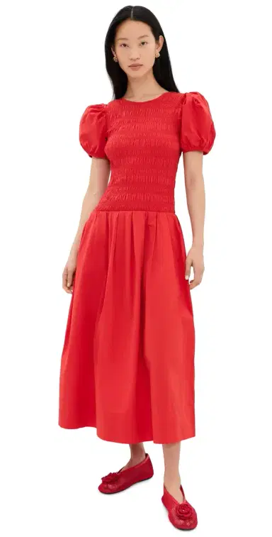 GANNI Smocked Cotton Pleated Dress Goji Berry | Thumbnail 1 GANNI Smocked Cotton Pleated Dress Goji Berry | Thumbnail 1