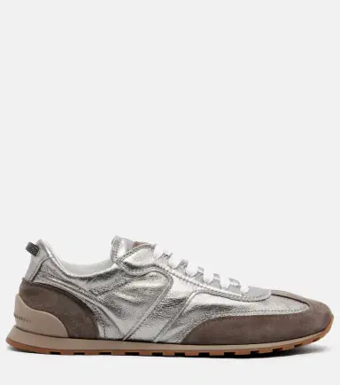 Brunello Cucinelli Monili suede-trimmed metallic leather sneakers | Thumbnail 4 Brunello Cucinelli Monili suede-trimmed metallic leather sneakers | Thumbnail 4