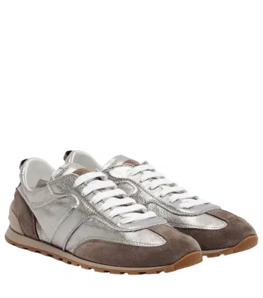 Brunello Cucinelli Monili suede-trimmed metallic leather sneakers | Thumbnail 1 Brunello Cucinelli Monili suede-trimmed metallic leather sneakers | Thumbnail 1
