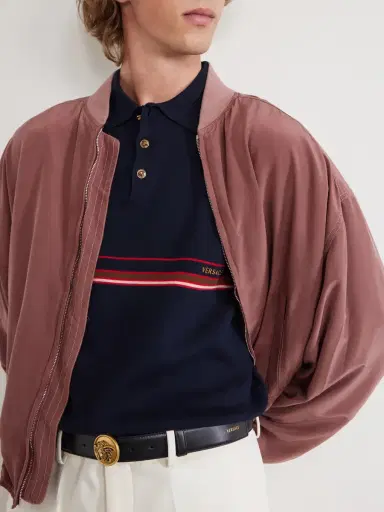 Versace Logo-Embroidered Striped Cotton Polo Sweater - Men | Thumbnail 6 Versace Logo-Embroidered Striped Cotton Polo Sweater - Men | Thumbnail 6